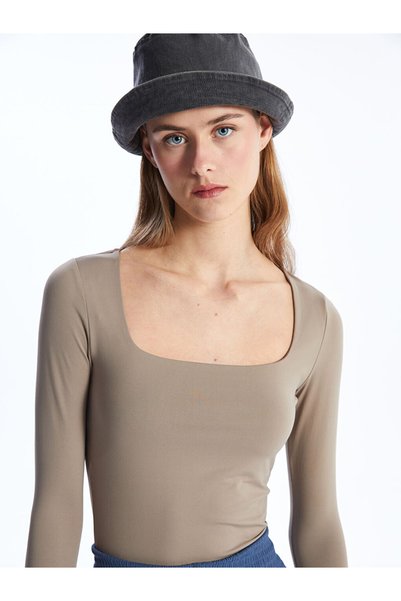 LC Waikiki New Season Square Neck Plain Long Sleeve Women's T-Shirt - S4Ge91Z8