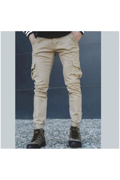 TRS YB GİYİM Κρεμ ανδρικό παντελόνι Cargo με ελαστικό πόδι