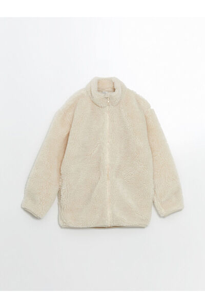 LC Waikiki LCW Kids Bej guler ridicat Hanorac cu fermoar pentru băiat din plu...