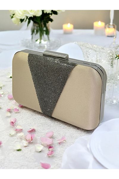 Biçanta Nude Color Satin Platinum Stone Βραδινό Τσάντα Βραδινή Τσάντα Αρραβώνα Τσάντα Γάμου