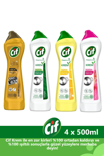 Cif Krem Yüzey Temizleyici 500 ml x 4 Adet (Altın Işıltısı, Amonyaklı, Limonlu, Frezya ve Müge Çiçeği)