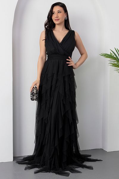 PULLIMM 13360 Double Breasted Ruffle Long Evening Dress