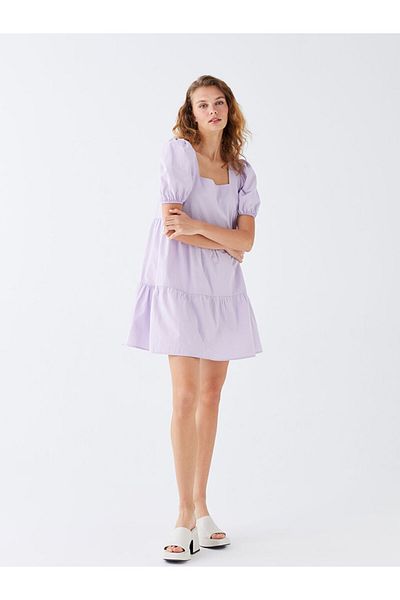 LC Waikiki Lcw Square Collar Plain Short Sleeve Poplin Women's Dress Fast Fashion