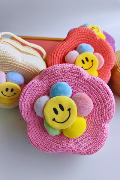 Nisankids Κοριτσίστικη ψάθινη τσάντα γιορτινής περίστασης Daisy Smiling Face (Ρυθμιζόμενο λουράκι)