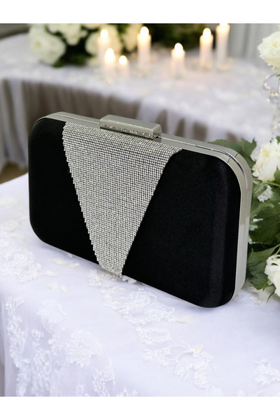 MidStore Black Color Satin Silver Stone Evening Dress Bag Evening Bag