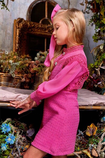 Riccotarz Girl's Shoulder and Chest Guipure Embroidered Stone Button Detail Chanel Pink Dress