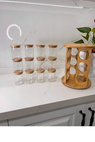 Albergio Glass Jar Set with Bamboo Lid and Rotating Stand - 12 Pcs 250ml