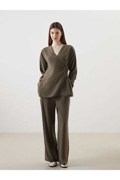 LC Waikiki Khaki Wide Leg Women's Trousers with Elastic Waist