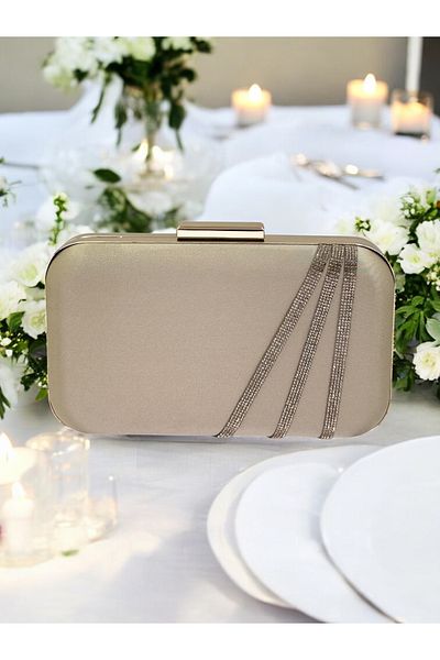 Biçanta Nude Color Satin Gold Stone Βραδινό Τσάντα Βραδινή Τσάντα Αρραβώνα Τσάντα Γάμου