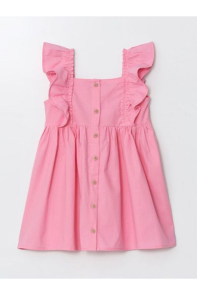 LC Waikiki Lcw Square Collar Linen Blend Girl's Dress Fast Fashion