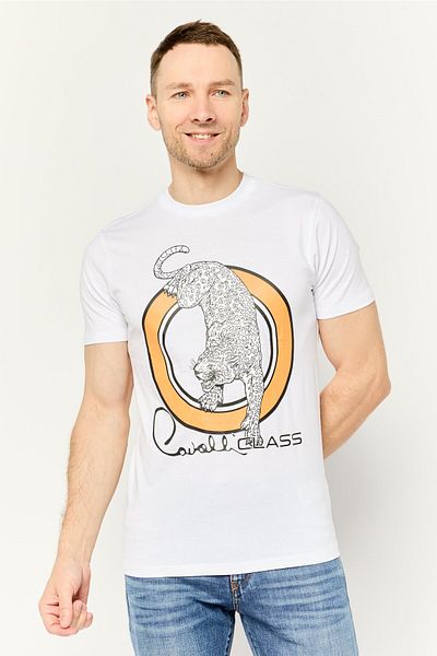 Cavalli Class Men Round Neck Short Sleeve Graphic Print T-shirt, White