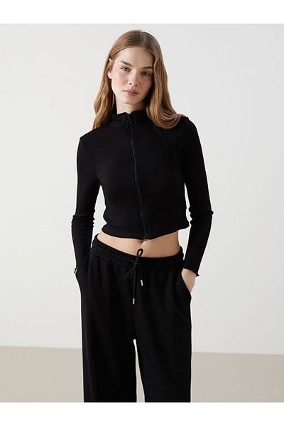 LC Waikiki Xside Black Stand Collar Straight Long Sleeve Women Crop