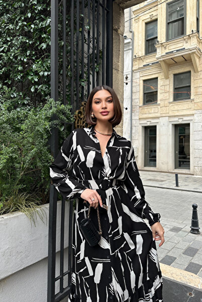 Mezka Kadın Siyah & Beyaz Uzun Kol, Kemerli, Yırtmaçlı, Uzun Viskon Gömlek Elbise