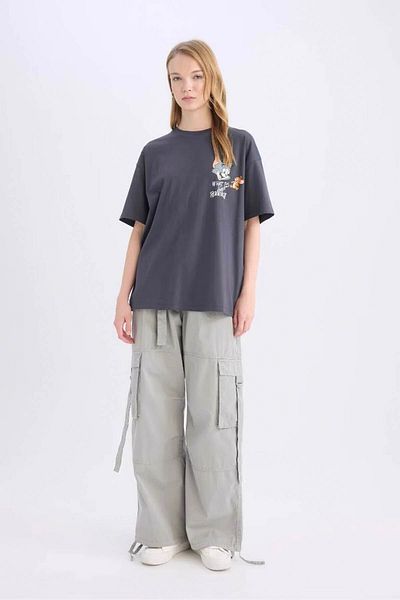DeFacto Coool Tom & Jerry Oversize Anthracite Women's T-Shirt D9100Ax/Ar191