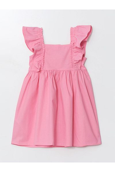 LC Waikiki Lcw Square Collar Linen Blend Girl's Dress Fast Fashion