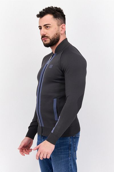 freesoul Men Band Collar Long Sleeves Brand Logo Full Zip Sweatshirt, Dark Grey