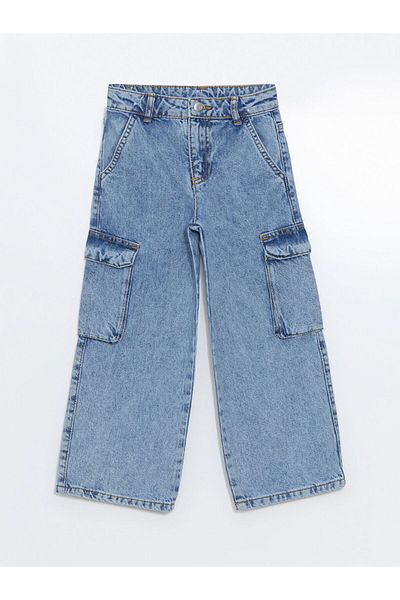 LC Waikiki Pantaloni cargo din denim pentru fete, cu talie ajustabilă, elastică, sezon nou - S5GY37Z4