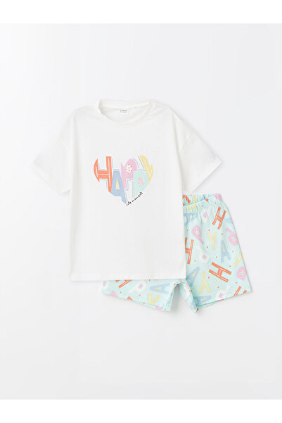 LC Waikiki Crew Neck Printed Short Sleeve Girls' Pyjama Set with Shorts