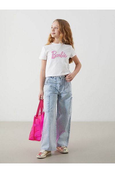 LC Waikiki Girl's Cargo Jean Trousers with Adjustable Elastic Waist
