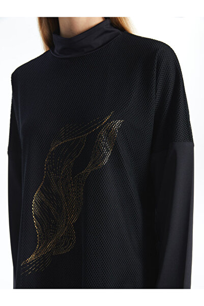 LC Waikiki Black Stand Collar Printed Long Sleeve Women's Hijab Swimsuit Set