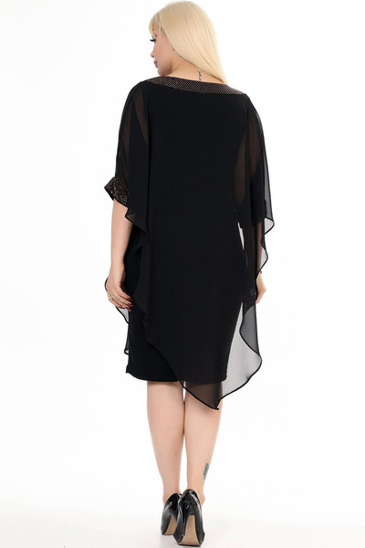 MissThetis Yuvarlak Yaka Yarım Kol Tül Pelerinli Kol Ucu ve Yaka Taş İşlemeli Şık Cool Dökümlü Midi Boy Elbise