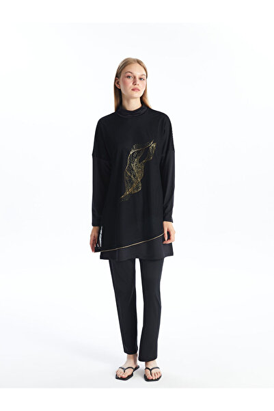 LC Waikiki Black Stand Collar Printed Long Sleeve Women's Hijab Swimsuit Set