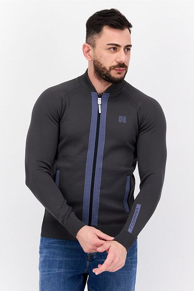 freesoul Men Band Collar Long Sleeves Brand Logo Full Zip Sweatshirt, Dark Grey