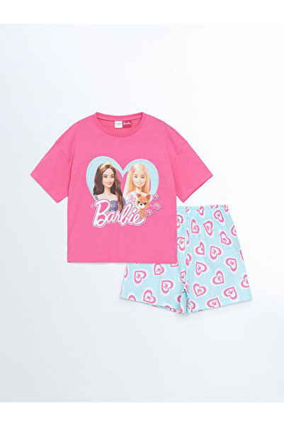 LC Waikiki طقم بيجامة بناتي مطبوع برقبة دائرية من LCW مع شورت