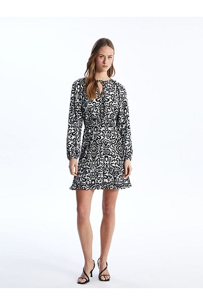 LC Waikiki Lcw Tie-Up Neckline Print Long Sleeve Women's Dress Fast Fashion
