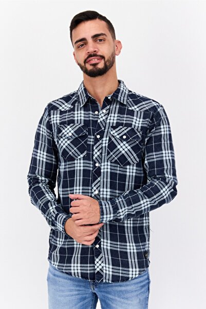 Silver Jeans Co. قميص رجالي كاجوال بأكمام طويلة منقوش بقصّة عادية، أزرق داكن