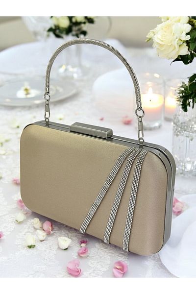 Biçanta Nude Color Satin Silver Stone Βραδινό Τσάντα Βραδινή Τσάντα Αρραβώνα Τσάντα Γάμου