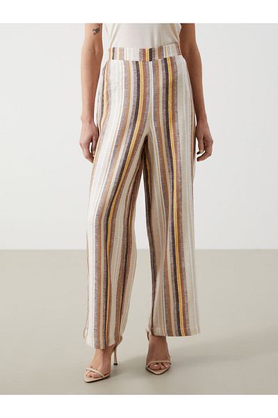 LC Waikiki Elastic Waist Striped Linen Blended Women's Trousers