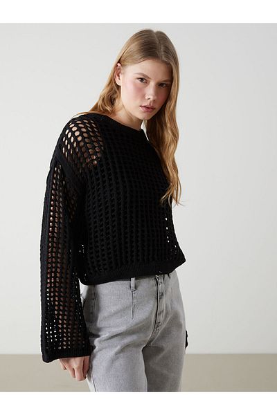 LC Waikiki Xside Black Crew Neck Openwork Women's Knitwear Sweater