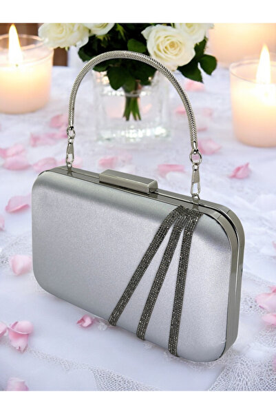 Generic Brand Silver Gray Color Satin Platinum Stone Evening Dress Bag Evenin...
