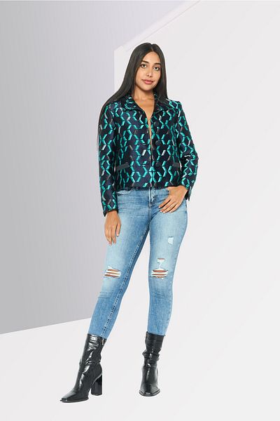 Emporio Armani Women Regular Fit Textured Semi-Formal Blazer, Navy Combo