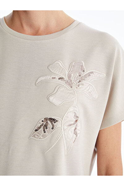 LC Waikiki Gray Crew Neck Embroidered Women's T-Shirt