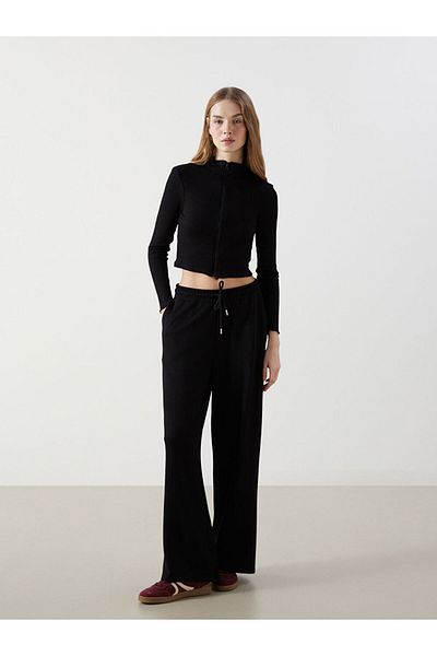 LC Waikiki Xside Black Stand Collar Straight Long Sleeve Women Crop