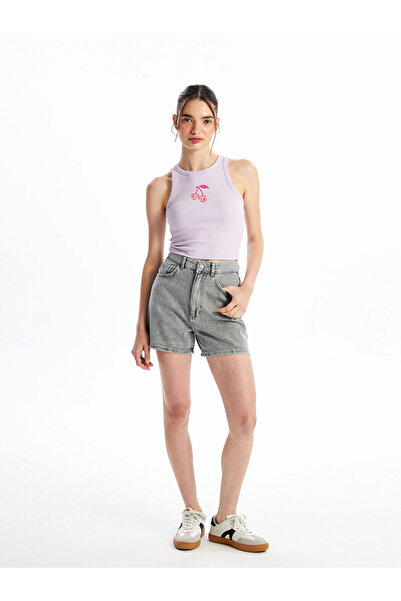 LC Waikiki Γκρι ψηλόμεσο γυναικείο τζιν σορτς κανονικής εφαρμογής