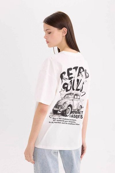 DeFacto Oversize Wide Fit Crew Neck Ecru Women's T-Shirt D9612Ax/Wt32