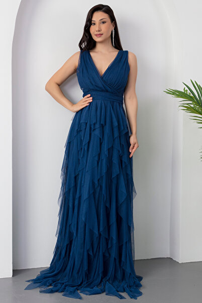 PULLIMM 13360 Kruvaze Fırfırlı Uzun Abiye Elbise