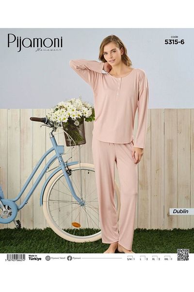 Pijamoni Crew Neck Powder Half Placket Dublin Fabric Pajama Set