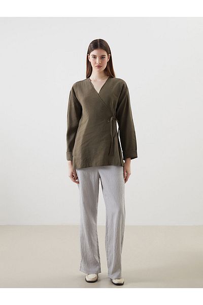 LC Waikiki Lcw Modest Gray Elastic Waist Striped Women's Trousers