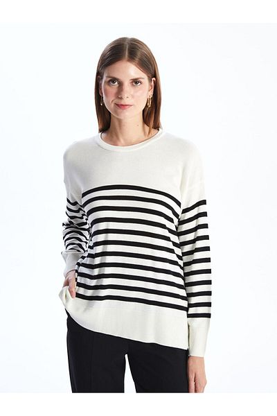 LC Waikiki New Season Crew Neck Striped Long Sleeve Oversize Women's Knitwear Sweater - S4Fe59Z8
