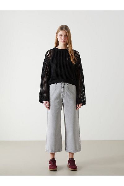 LC Waikiki Xside Black Crew Neck Openwork Women's Knitwear Sweater