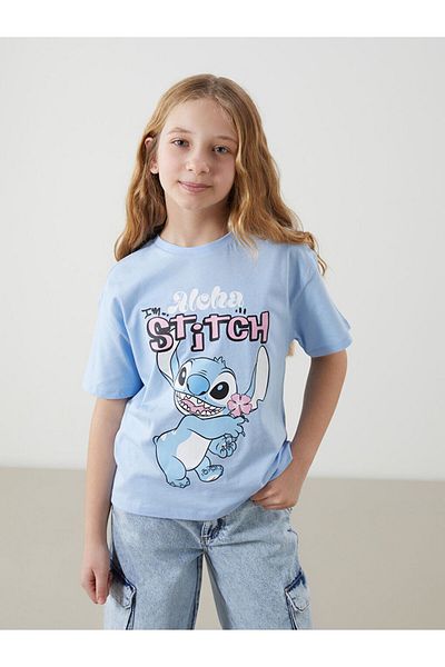 LC Waikiki Blue Crew Neck Stitch Printed Girl's T-Shirt