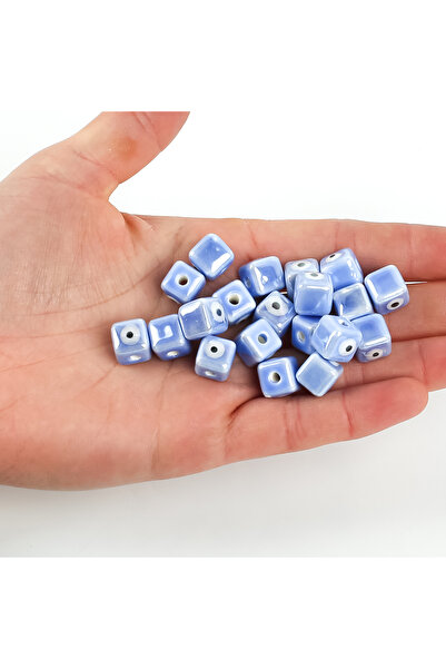yfhobi 1 Adet - 10 mm Küp Nazar Desenli Porselen Boncuk, Buz Mavi Renk Porsel...