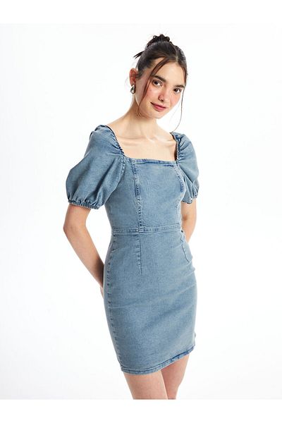 LC Waikiki Rochie de damă din denim cu mâneci scurte cu guler pătrat de sezon nou - S48291Z8