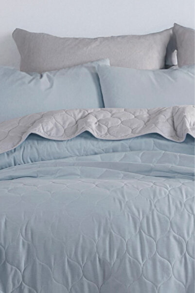 UPSTYLE Kapitone Yatak Örtüsü Seti Çift Kişilik Solid A.Mavi-Gri