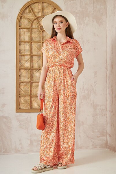 Yıldızistan Women's Elastic Waist Wide Leg Satin Jumpsuit Selalleri Orange 3235320