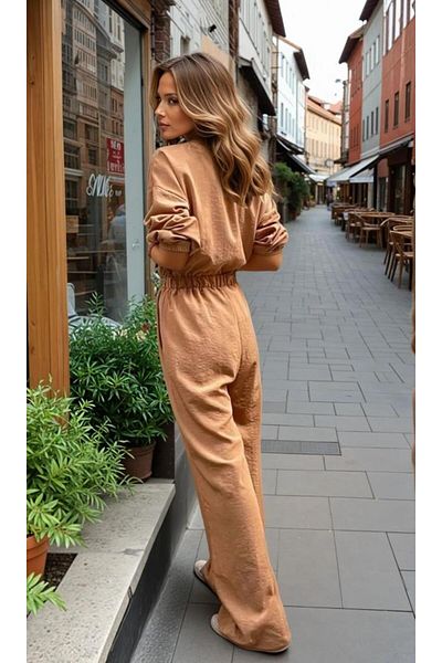 Pasaklı Giyim Women's Brown Pocketed Waist Elasticized Long Sleeve Loose Cut Kupra Jumpsuit Suitable for Hijab